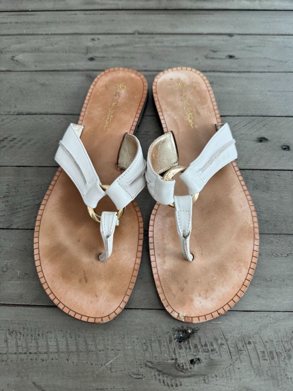 Lilly Pulitzer McKim Thong Flat Leather Sandals White Size 7.5